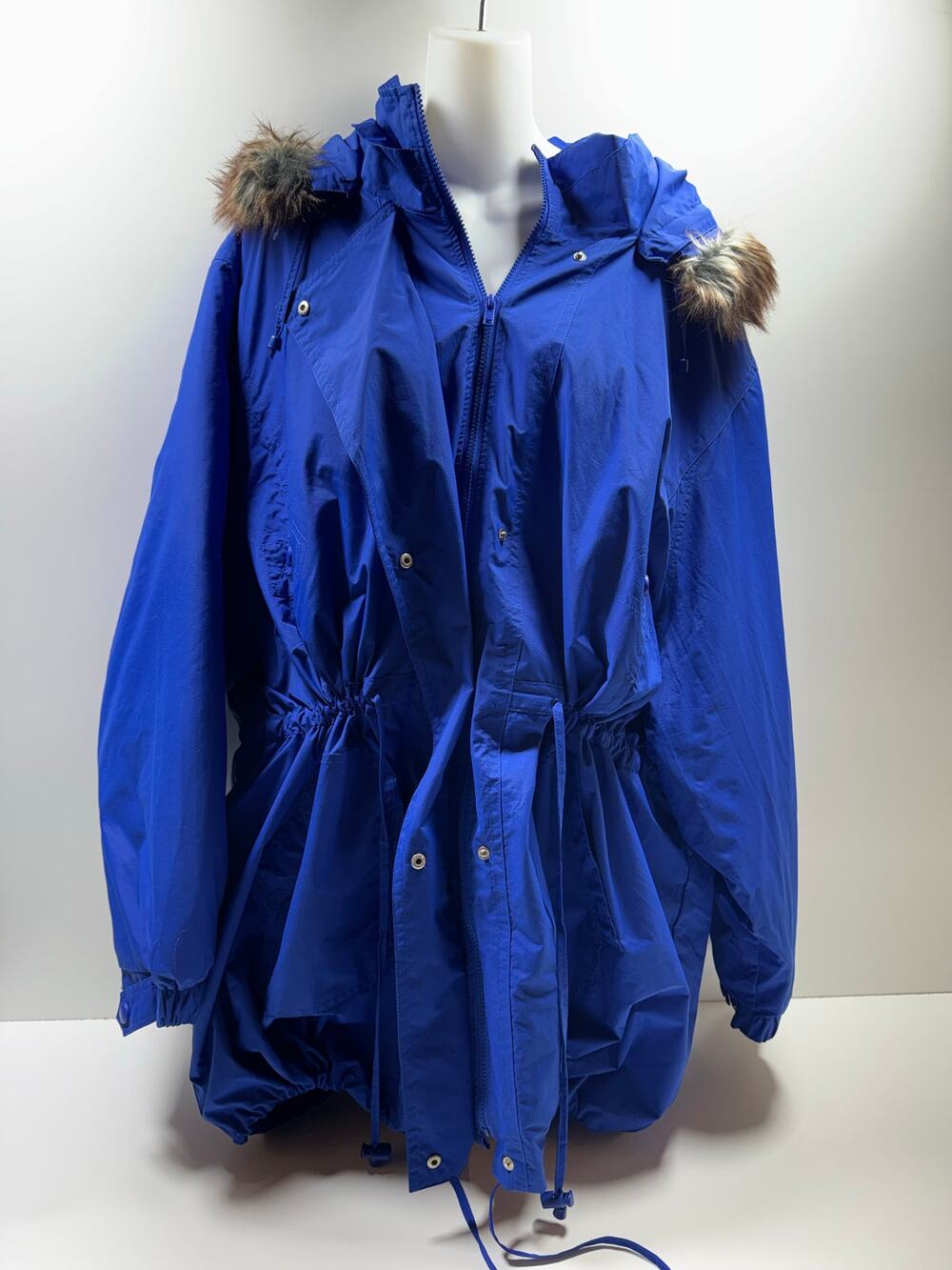 Woman Within Plus Sz Parka Sz 5X 38/40 Blue Full Zip Faux Fur Hood Quilted Liner